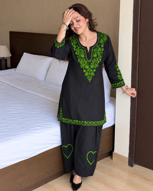 Black Cotton Short Kurta with Neon Green Floral Embroidery and Pant Set