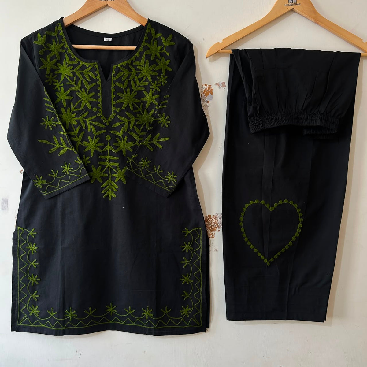 Black Cotton Short Kurta with Neon Green Floral Embroidery and Pant Set