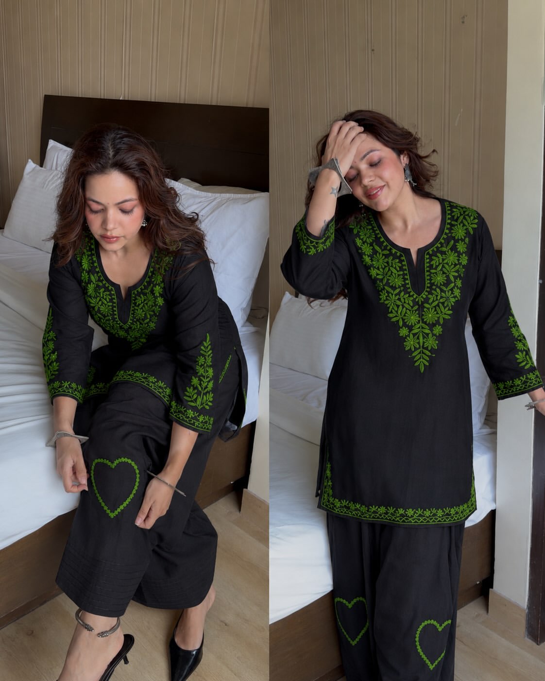 Black Cotton Short Kurta with Neon Green Floral Embroidery and Pant Set