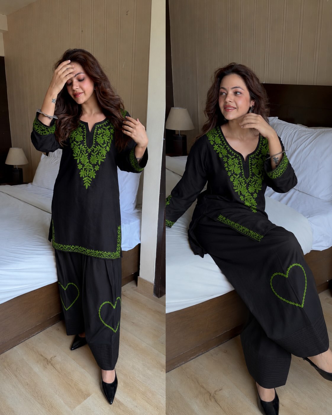 Black Cotton Short Kurta with Neon Green Floral Embroidery and Pant Set