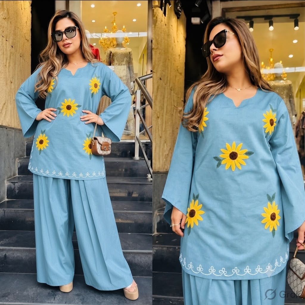 Powder Blue Cotton Short Kurta with Sunflower Embroidery and Wide-Leg Pant Set
