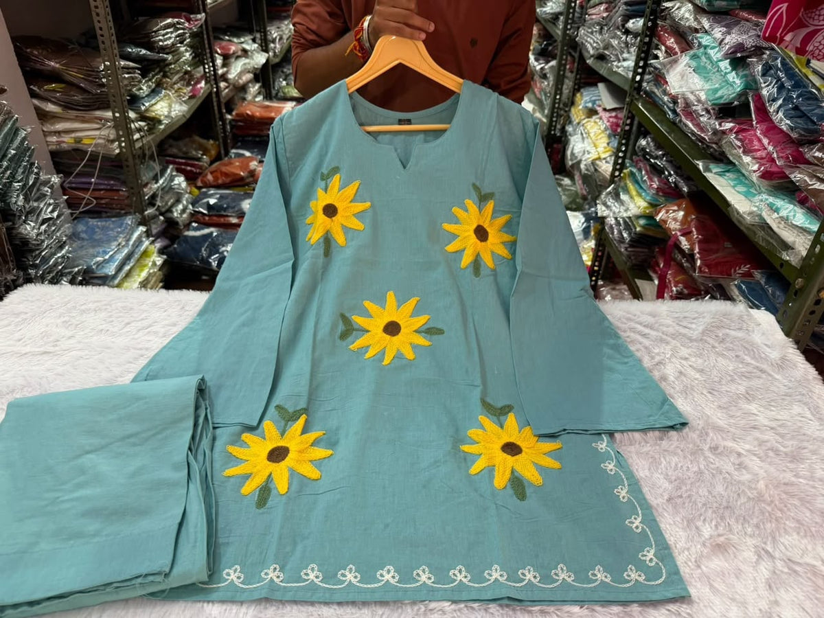 Powder Blue Cotton Short Kurta with Sunflower Embroidery and Wide-Leg Pant Set