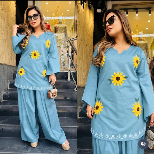 Powder Blue Cotton Short Kurta with Sunflower Embroidery and Wide-Leg Pant Set