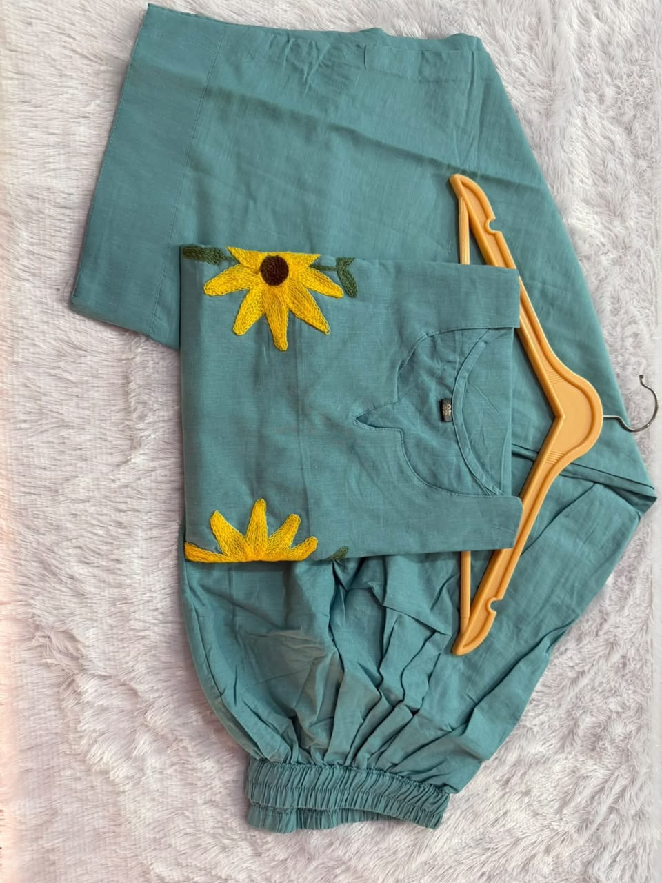 Powder Blue Cotton Short Kurta with Sunflower Embroidery and Wide-Leg Pant Set