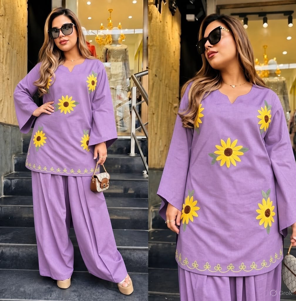 Lavender Cotton Short Kurta with Sunflower Embroidery and Wide-Leg Pant Set