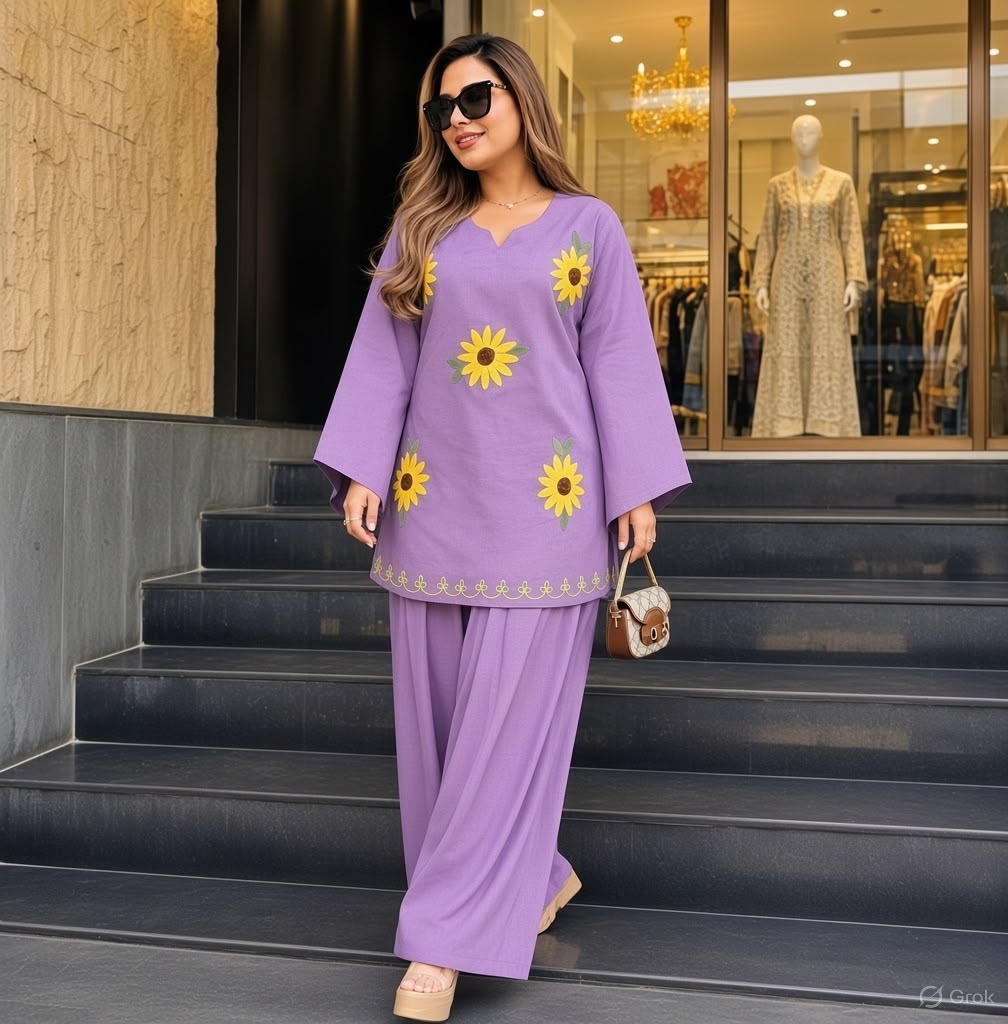 Lavender Cotton Short Kurta with Sunflower Embroidery and Wide-Leg Pant Set