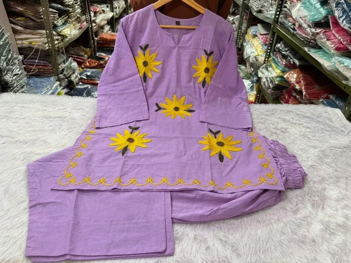Lavender Cotton Short Kurta with Sunflower Embroidery and Wide-Leg Pant Set