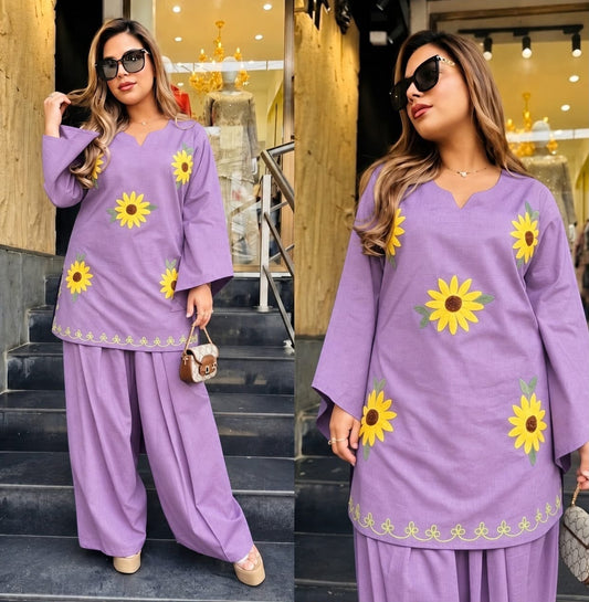 Lavender Cotton Short Kurta with Sunflower Embroidery and Wide-Leg Pant Set