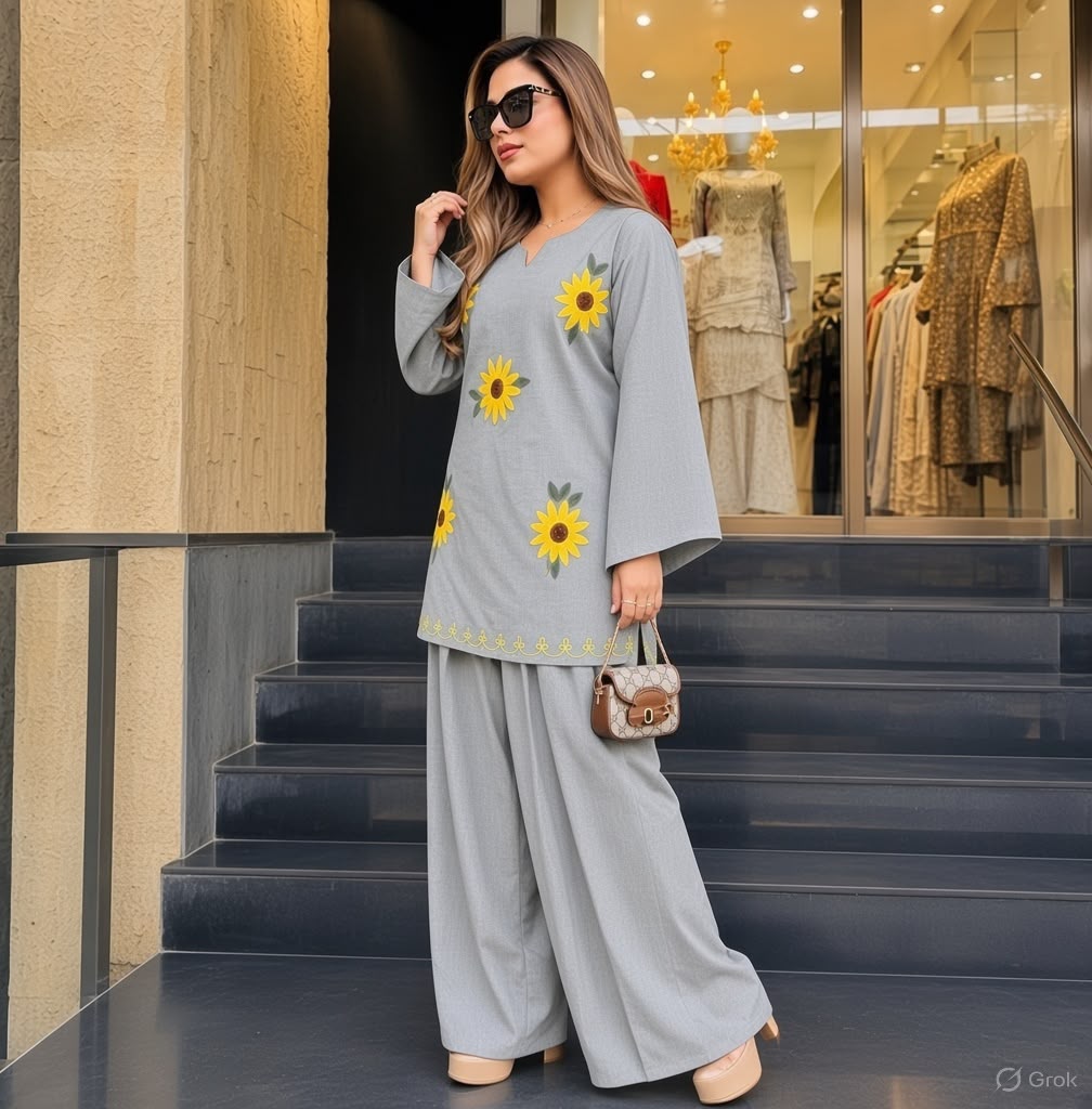 Slate Grey Cotton Short Kurta with Sunflower Embroidery and Wide-Leg Pant Set