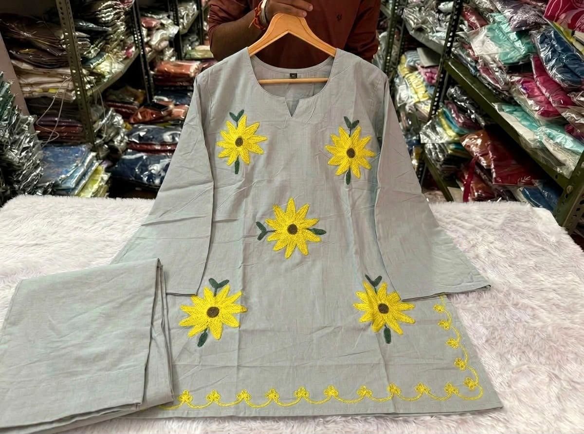 Slate Grey Cotton Short Kurta with Sunflower Embroidery and Wide-Leg Pant Set