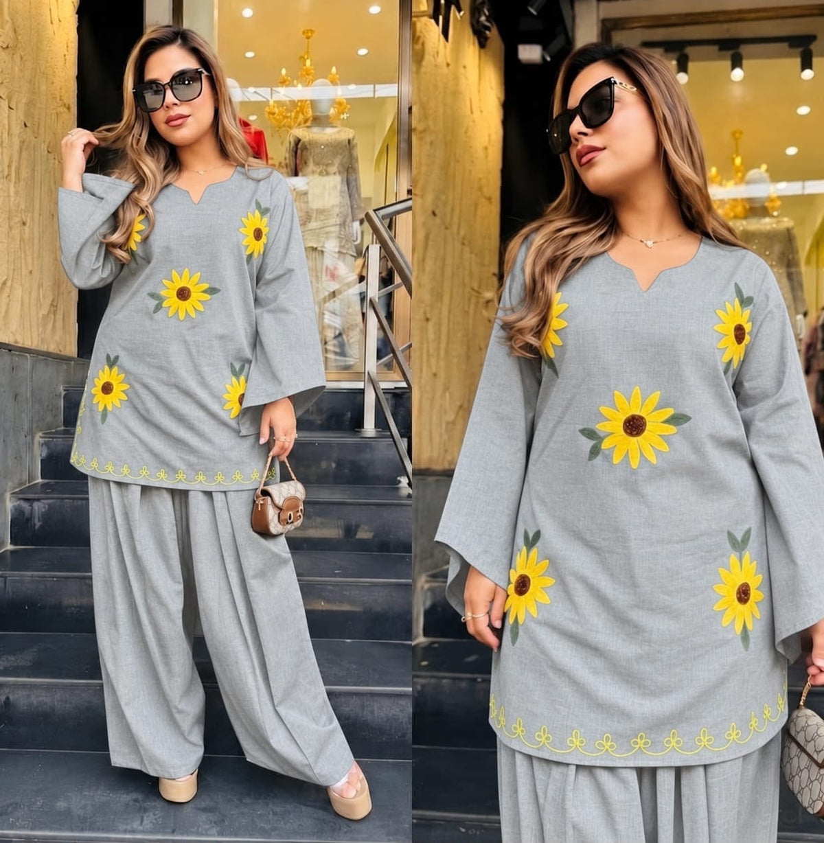 Slate Grey Cotton Short Kurta with Sunflower Embroidery and Wide-Leg Pant Set