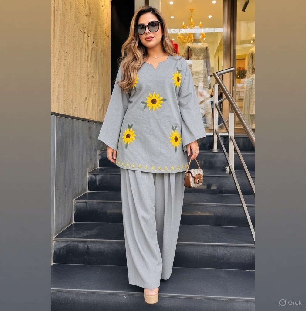 Slate Grey Cotton Short Kurta with Sunflower Embroidery and Wide-Leg Pant Set
