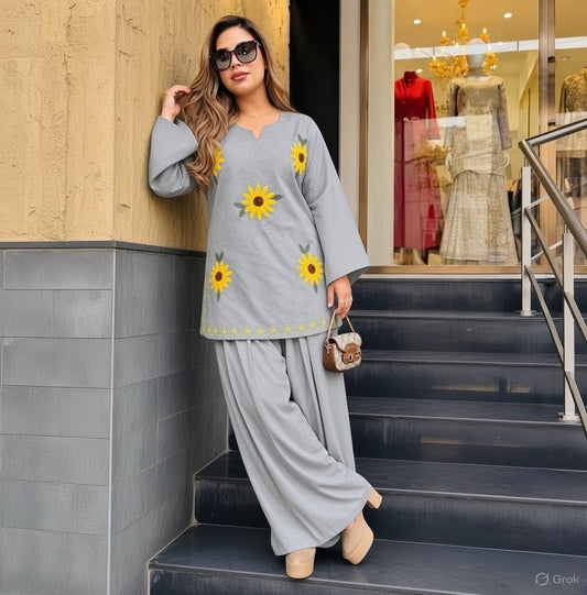 Slate Grey Cotton Short Kurta with Sunflower Embroidery and Wide-Leg Pant Set
