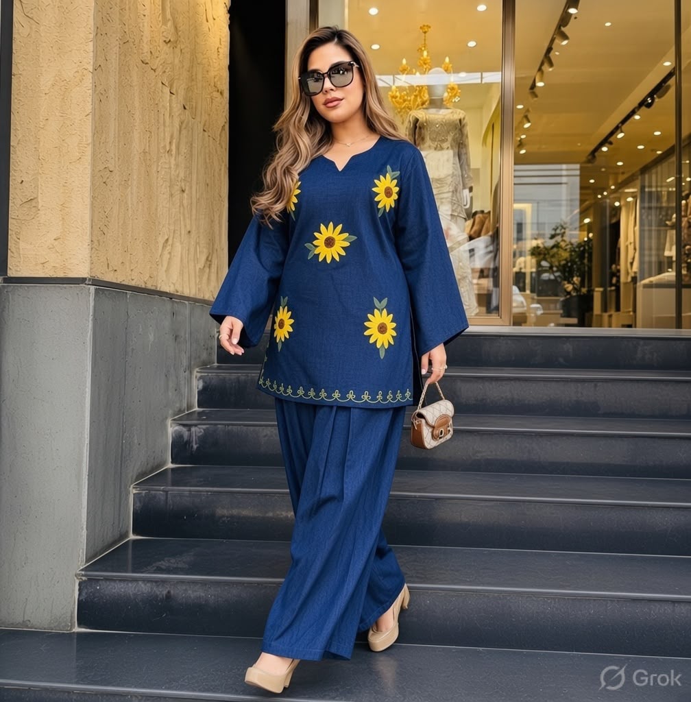 Navy Blue Cotton Short Kurta with Sunflower Embroidery and Wide-Leg Pant Set