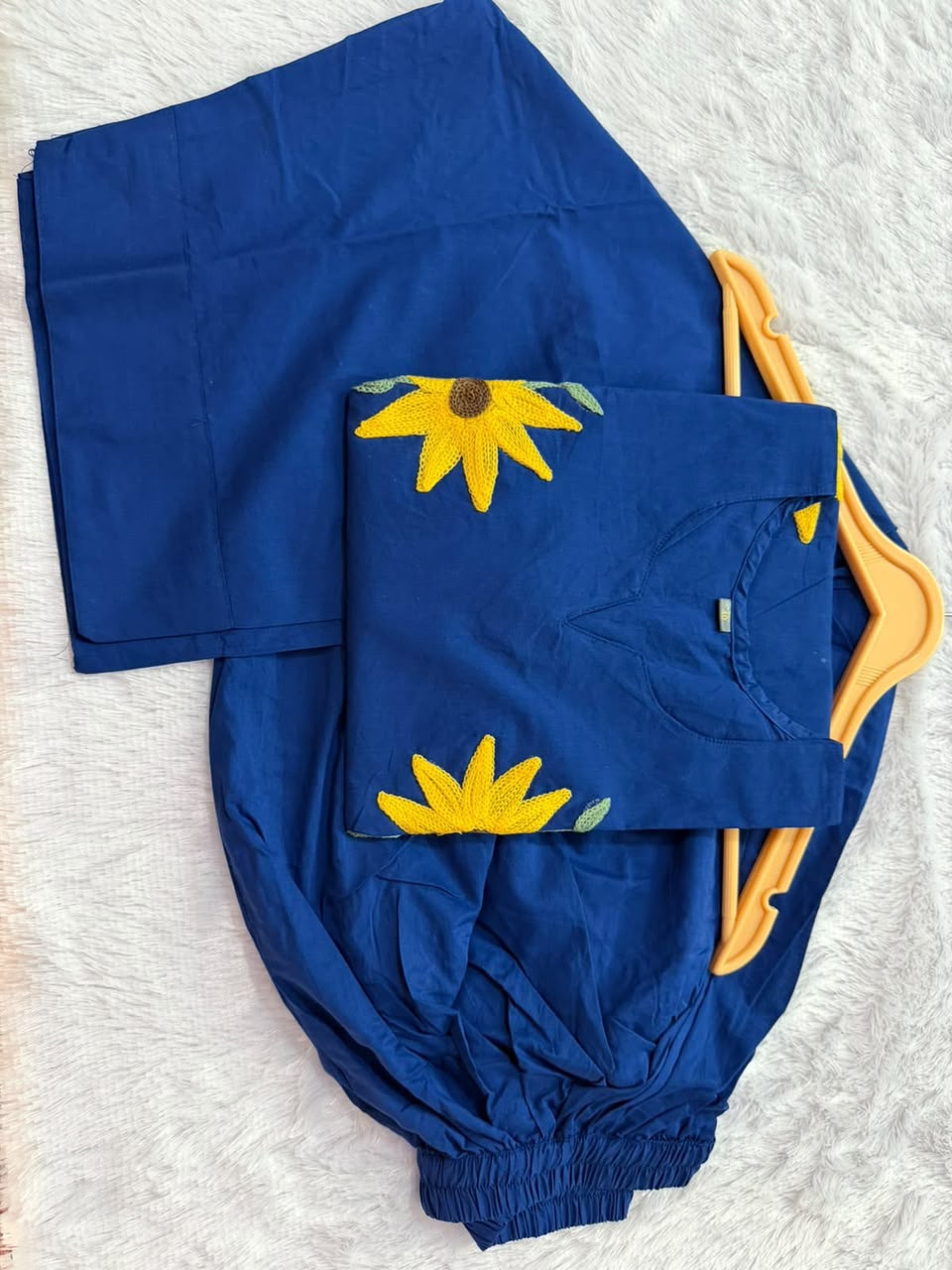 Navy Blue Cotton Short Kurta with Sunflower Embroidery and Wide-Leg Pant Set