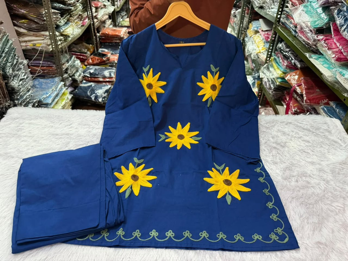 Navy Blue Cotton Short Kurta with Sunflower Embroidery and Wide-Leg Pant Set