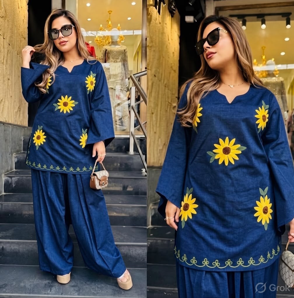 Navy Blue Cotton Short Kurta with Sunflower Embroidery and Wide-Leg Pant Set