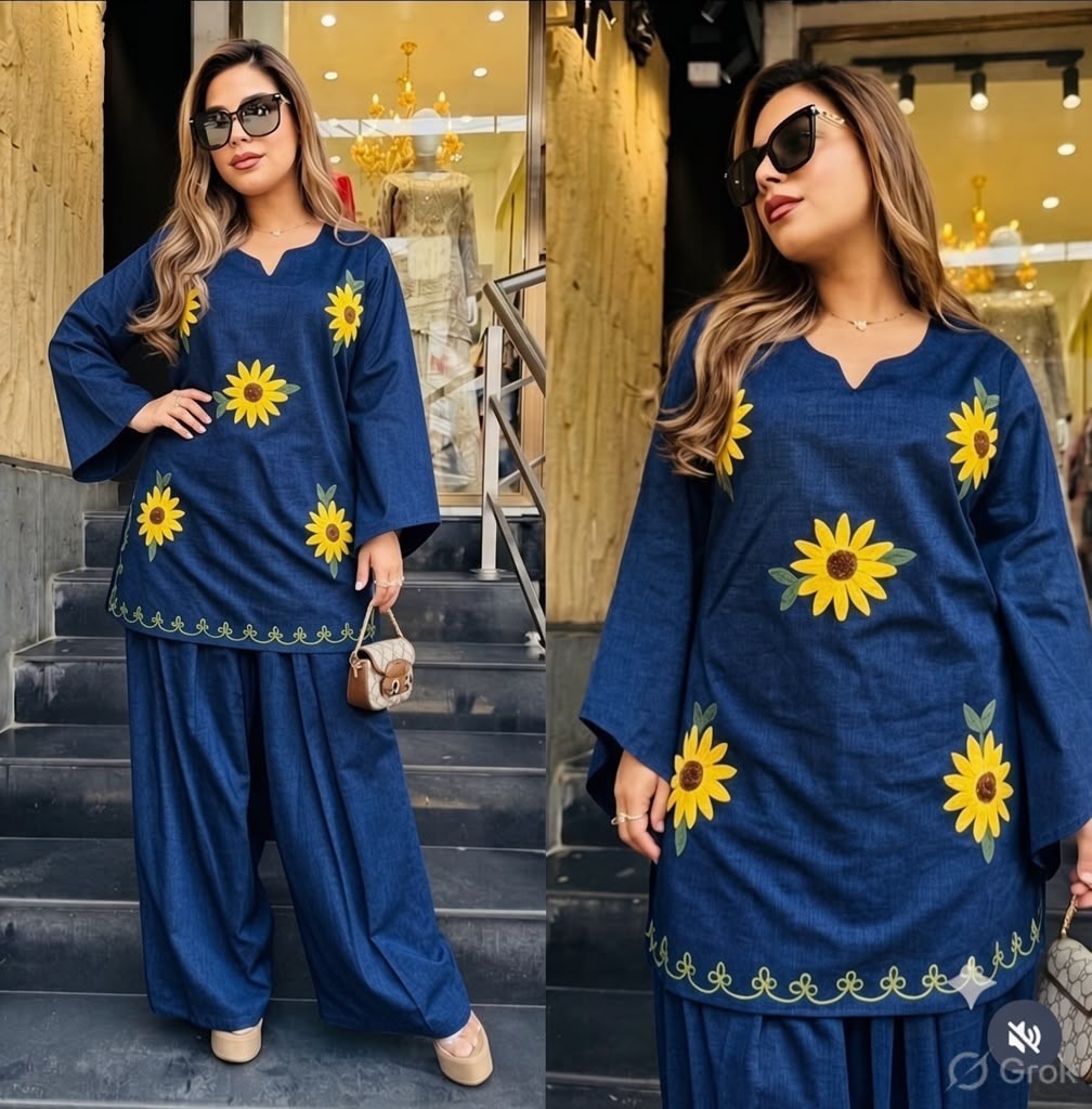 Navy Blue Cotton Short Kurta with Sunflower Embroidery and Wide-Leg Pant Set