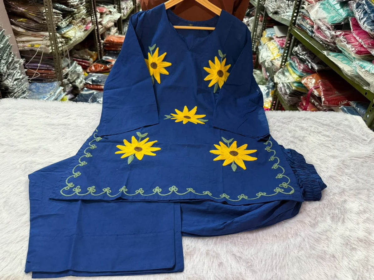 Navy Blue Cotton Short Kurta with Sunflower Embroidery and Wide-Leg Pant Set