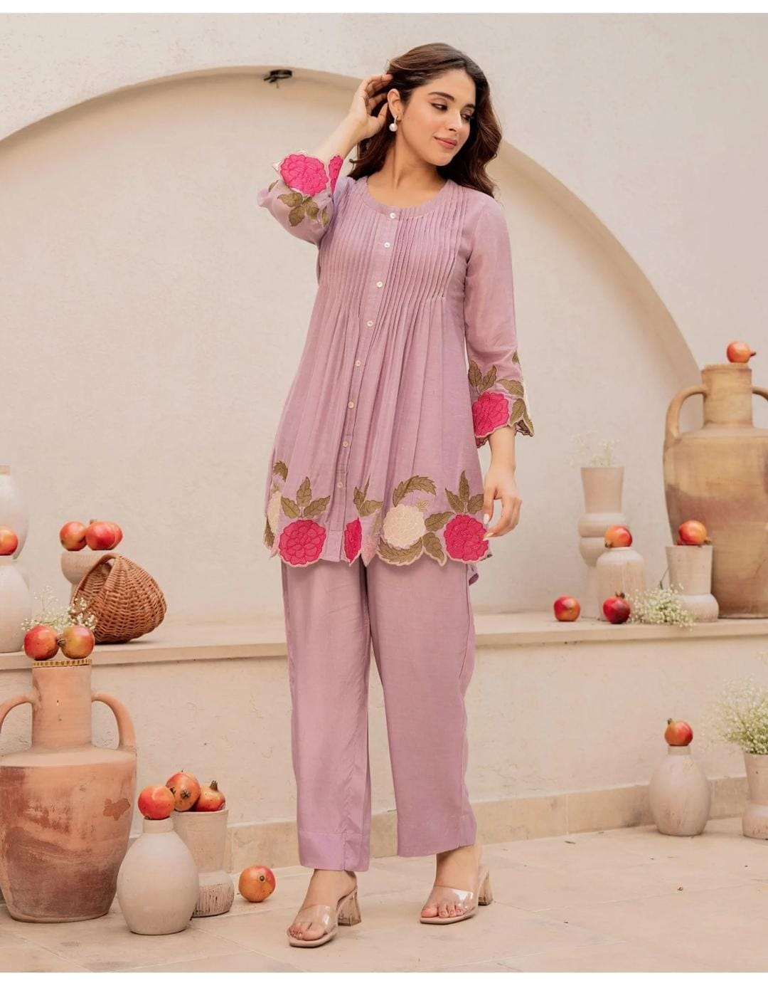Lavender Embroidered Cotton Kurta with Matching Trouser Set