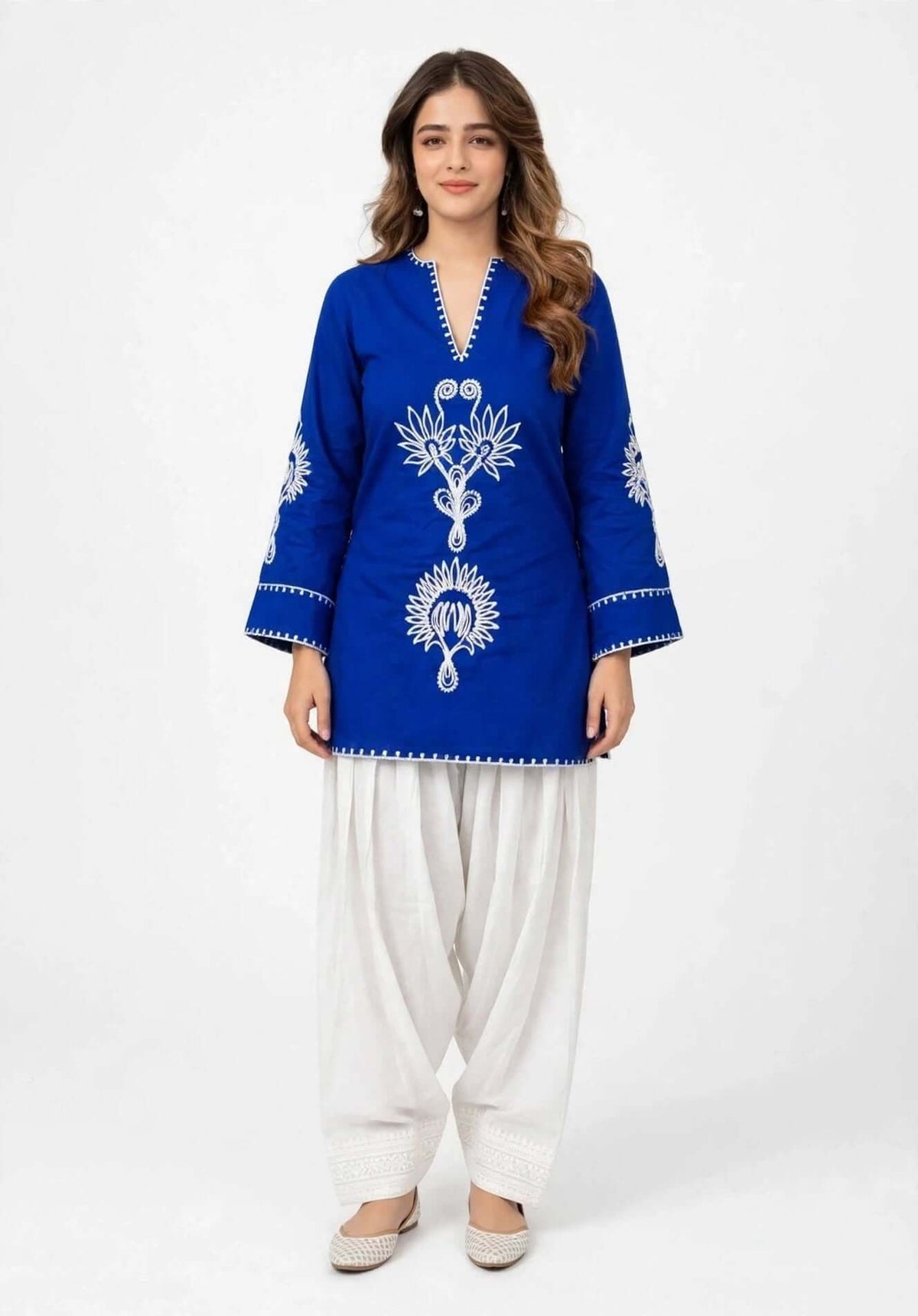 Royal Blue Embroidered Cotton Kurta with White Salwar Set