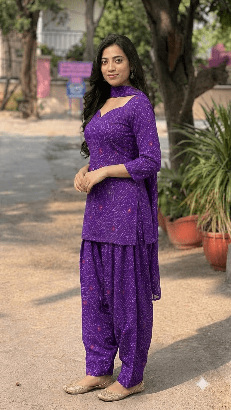 Women Purple Bandhani Printed Cotton Patiyala Salwar Suit Set with Dupatta