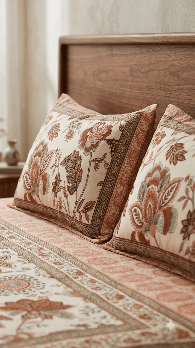 Terracotta and Peach Floral Block-Print Style Cotton Double Bedsheet with Pillow Covers