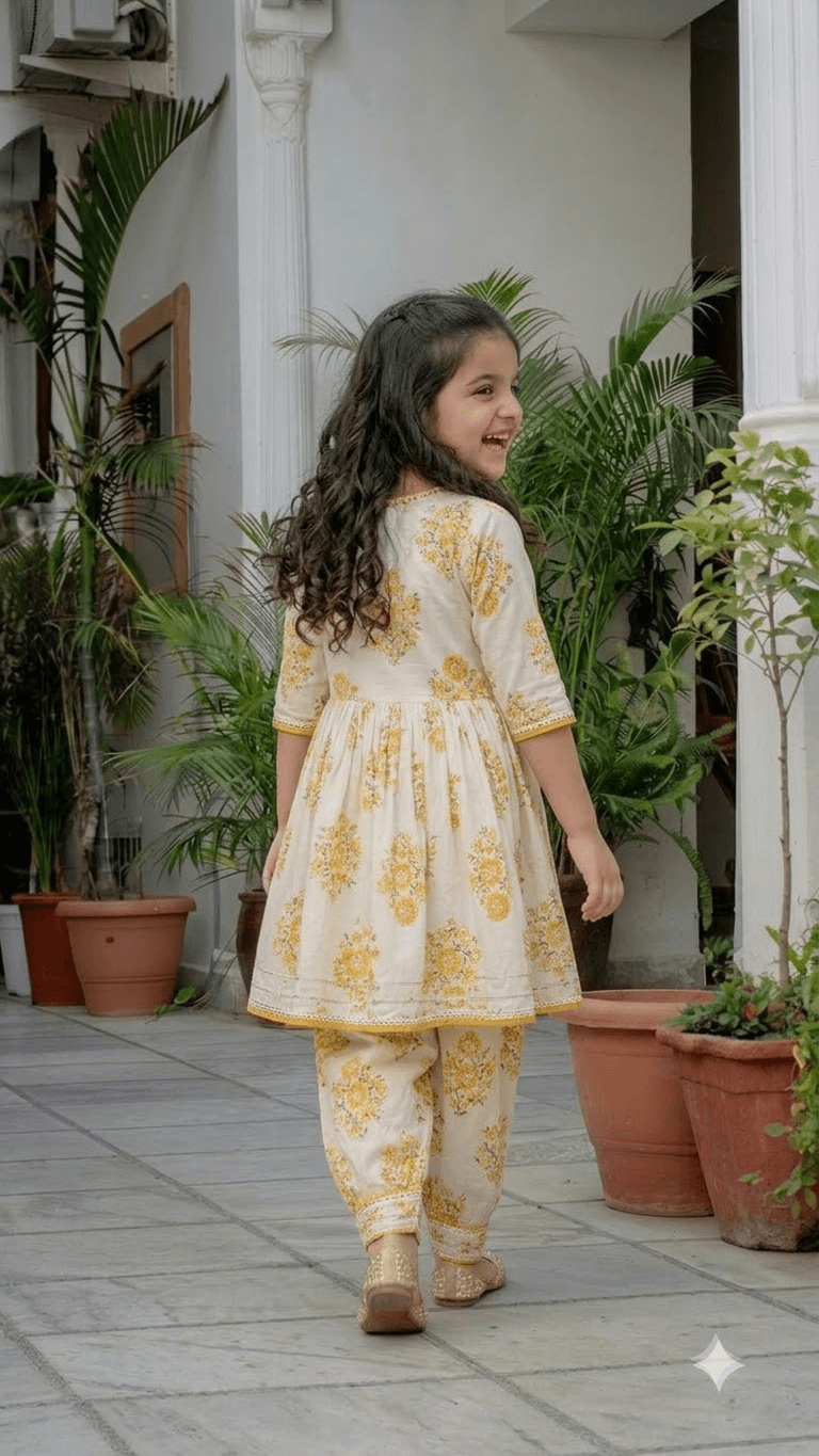 Girls Off-White & Yellow Floral Block Printed Cotton Kurta with Dhoti Pant Set