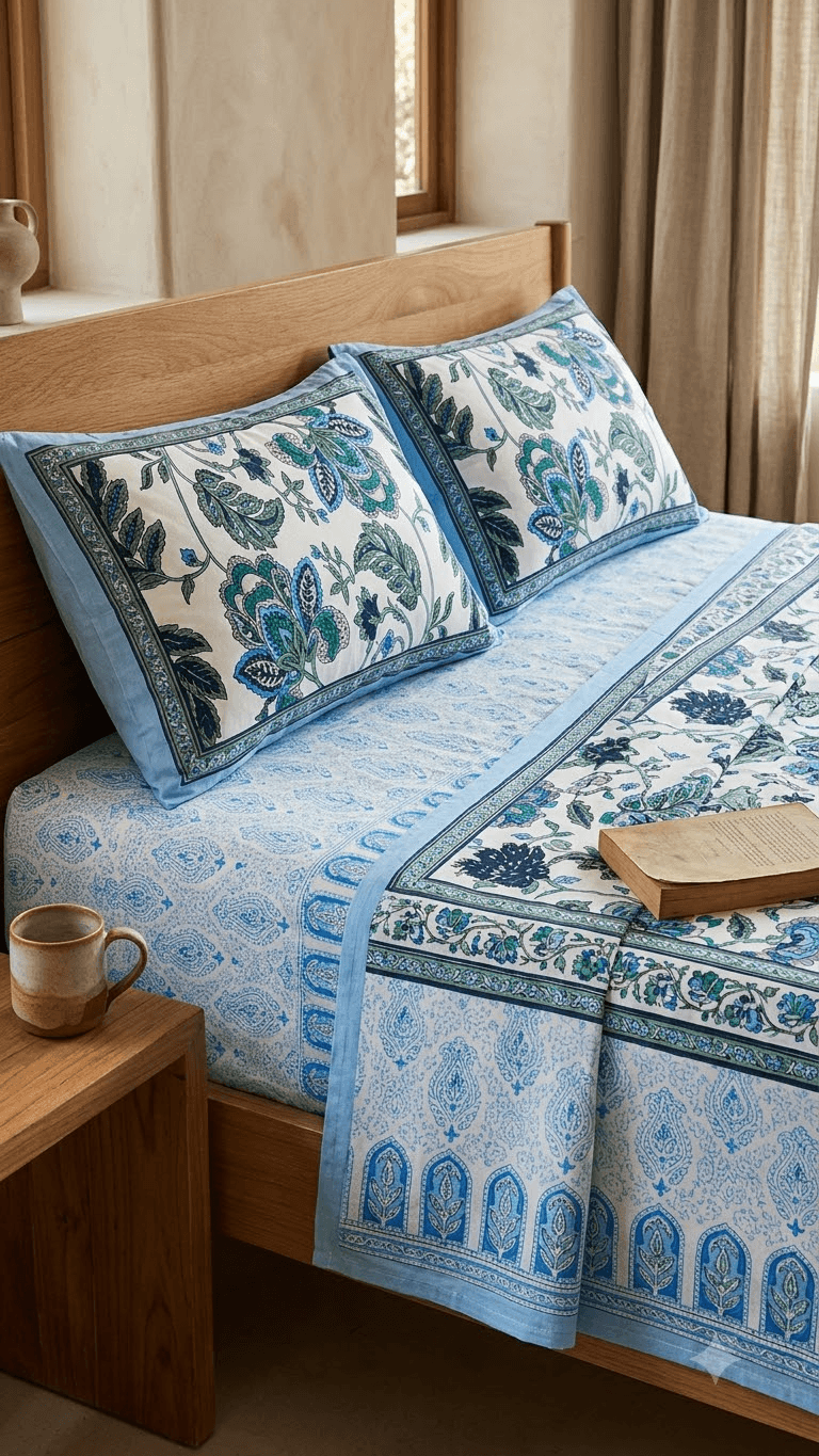 Blue and Off-White Floral Block-Print Style Cotton Double Bedsheet with Pillow Covers