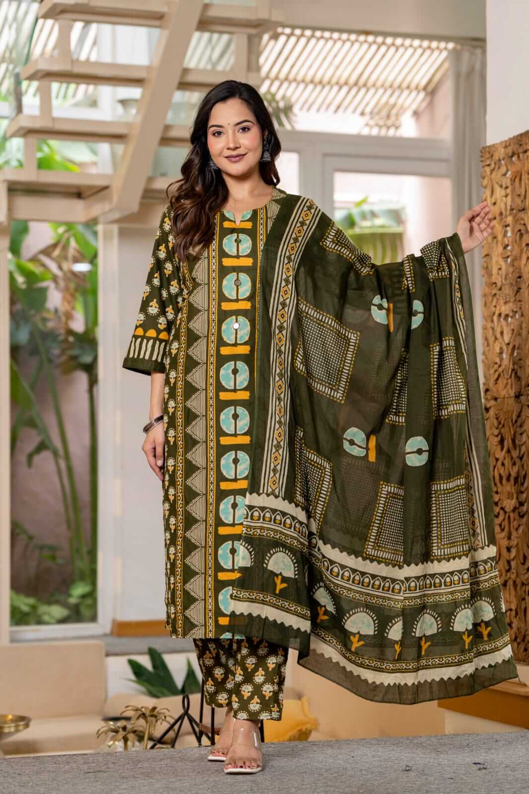 Olive Green Block Printed Cotton Kurta Set with Straight Pants & Matching Dupatta