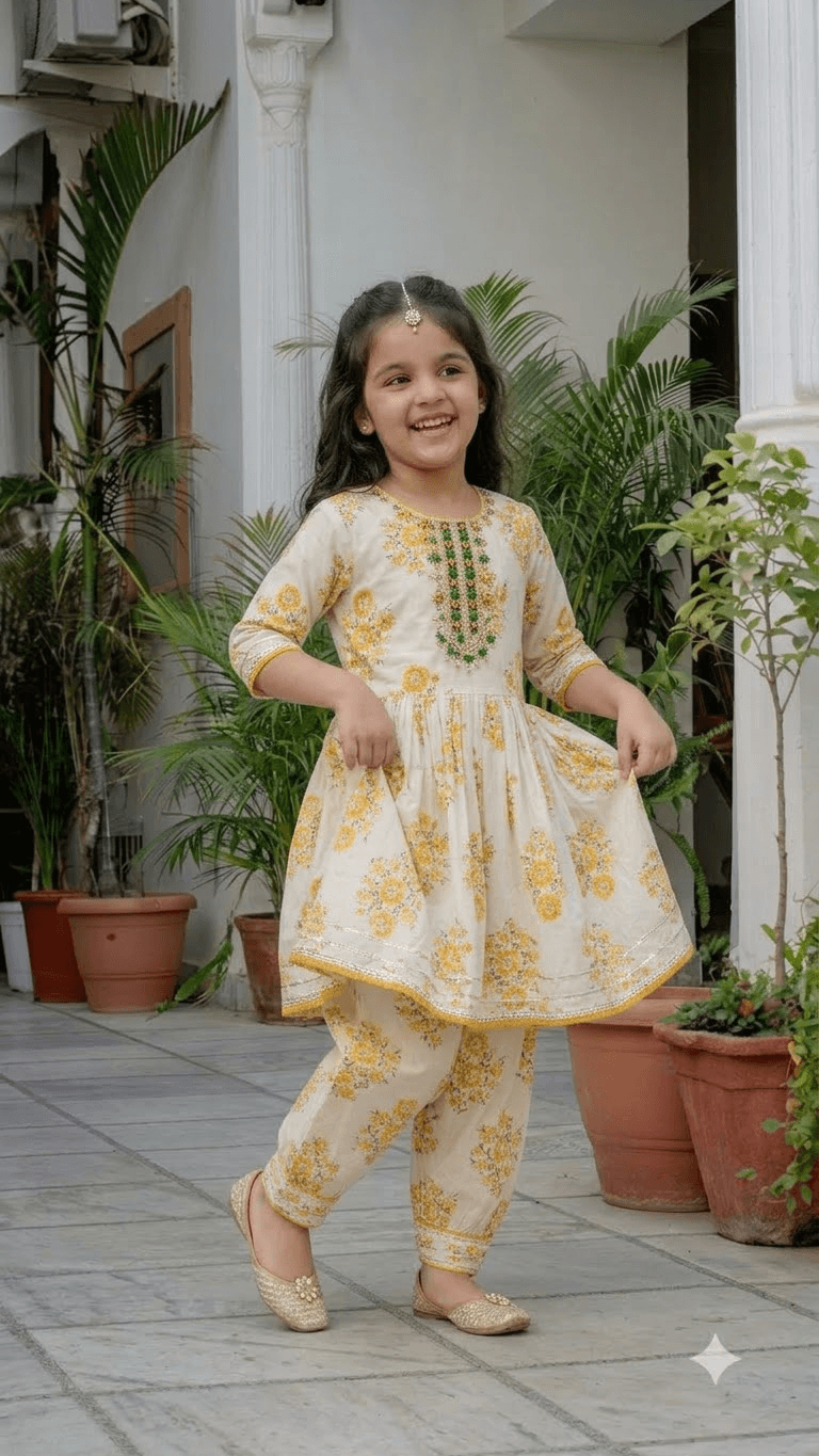 Girls Off-White & Yellow Floral Block Printed Cotton Kurta with Dhoti Pant Set