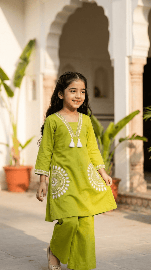 Girls Lime Green Embroidered Kurta and Palazzo Co-Ord Set | Kids Indo-Western Traditional Cotton Festive Wear Dress