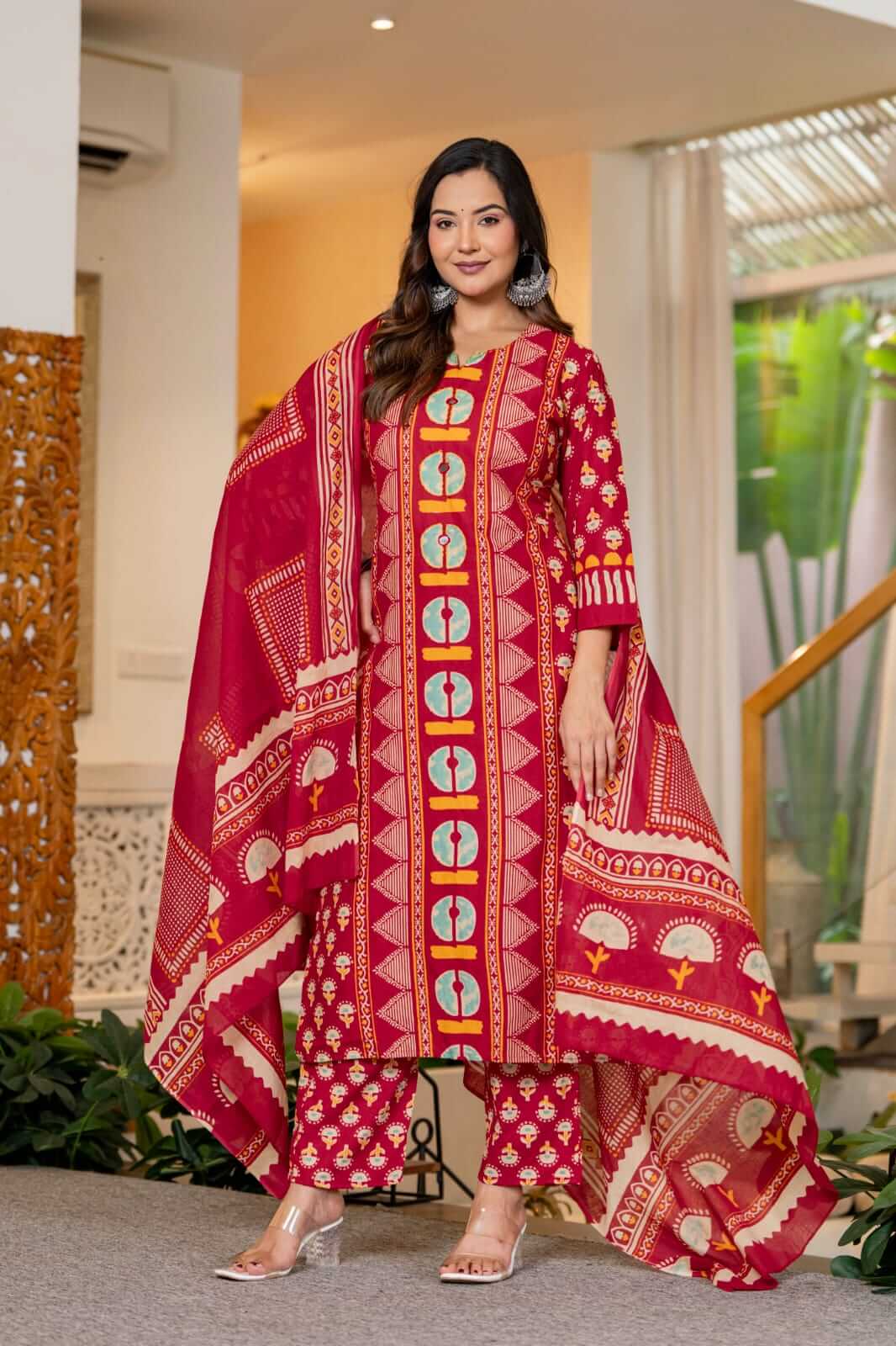 Magenta Bloom: Festive Block-Print Cotton Suit Set with Geometric Yoke & Dupatta