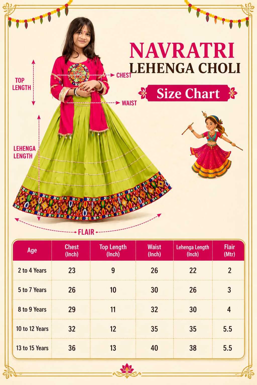 Girls Navratri Special Pink & Olive Green Cotton Lehenga Choli Set with Mirror Work