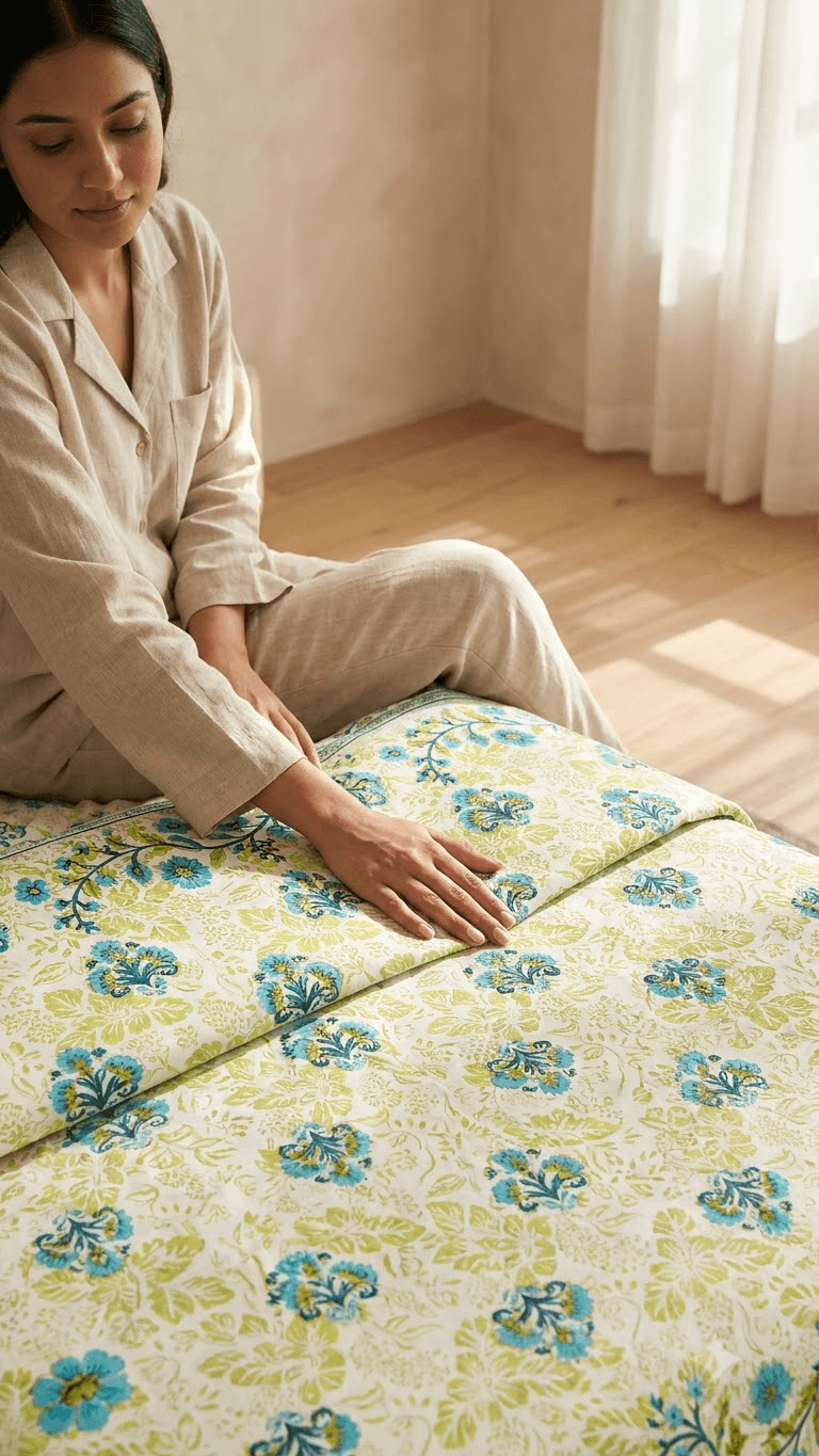 Light Green and Blue Floral Block-Print Style Cotton Double Bedsheet with Pillow Covers
