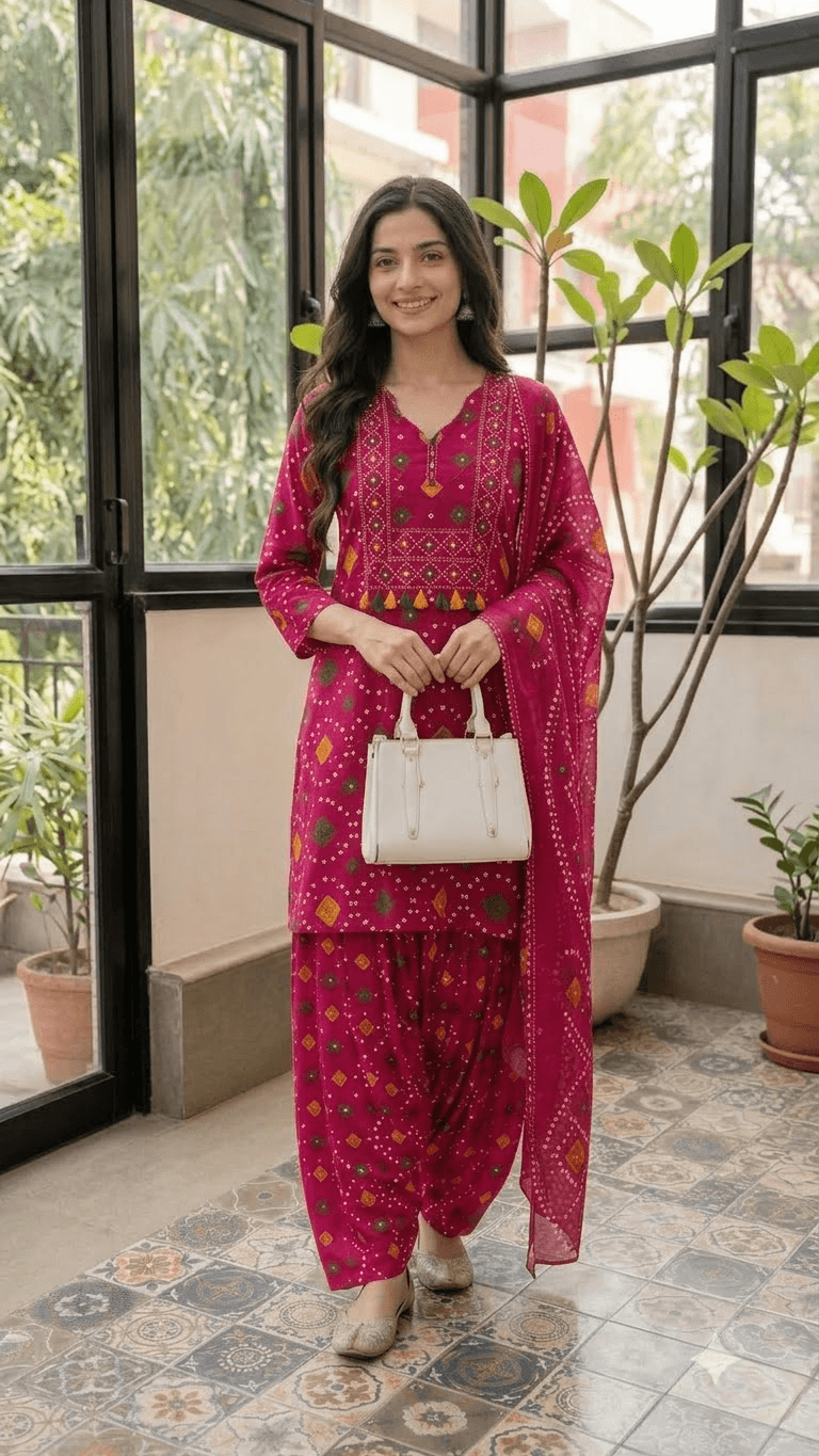 Women Magenta Bandhani Printed Cotton Patiala Suit Set with Dupatta
