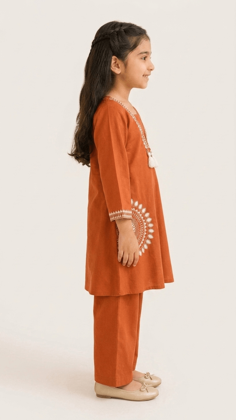 Girls Rust Orange Embroidered Kurta and Palazzo Co-Ord Set | Kids Indo-Western Traditional Cotton Festive Wear Dress