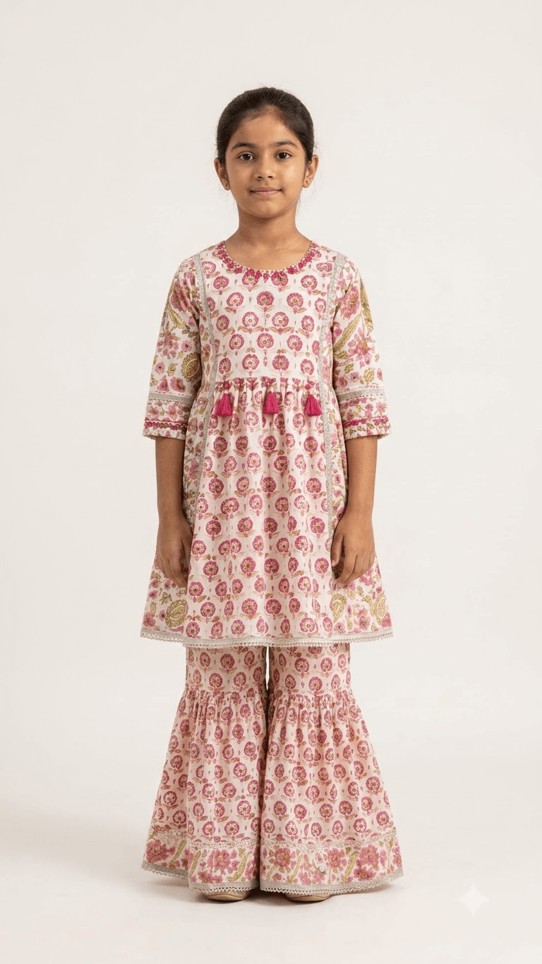 Girls Off-White & Pink Floral Block Printed Cotton Sharara Suit Set
