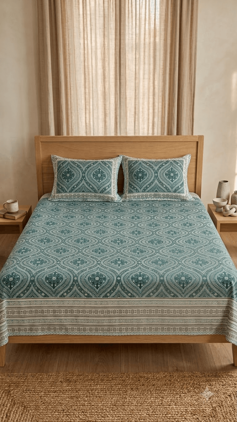 Teal and Sage Green Block-Print Style Cotton Double Bedsheet with Pillow Covers