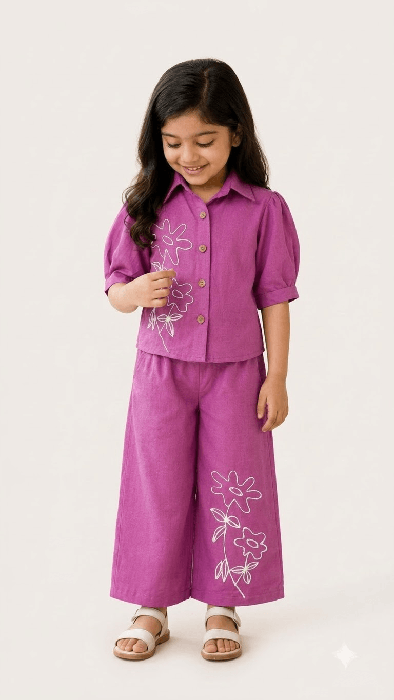 Girls Orchid Purple Linen Cotton Floral Embroidered Shirt with Wide-Leg Pants Co-Ord Set