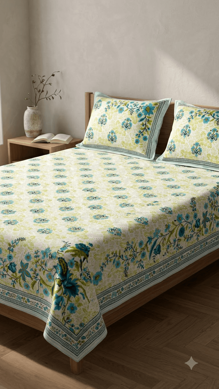 Light Green and Blue Floral Block-Print Style Cotton Double Bedsheet with Pillow Covers