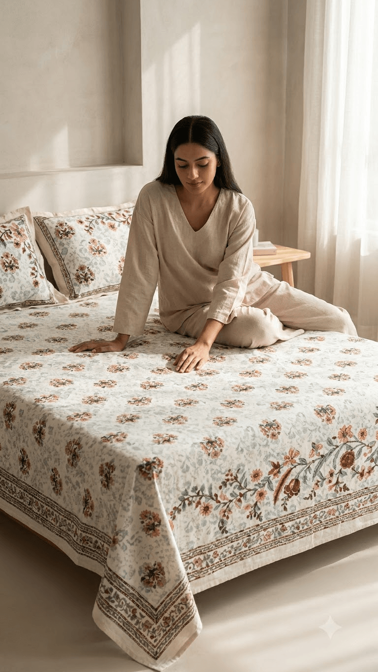 Charcoal and Off-White Floral Block-Print Style Cotton Double Bedsheet with Pillow Covers