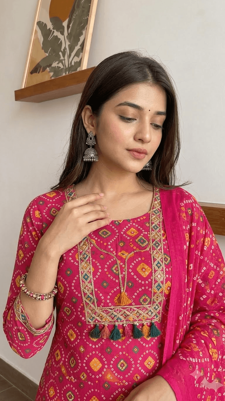 Rani Pink Bandhani-Print Cotton Kurta with Sharara and Dupatta Set