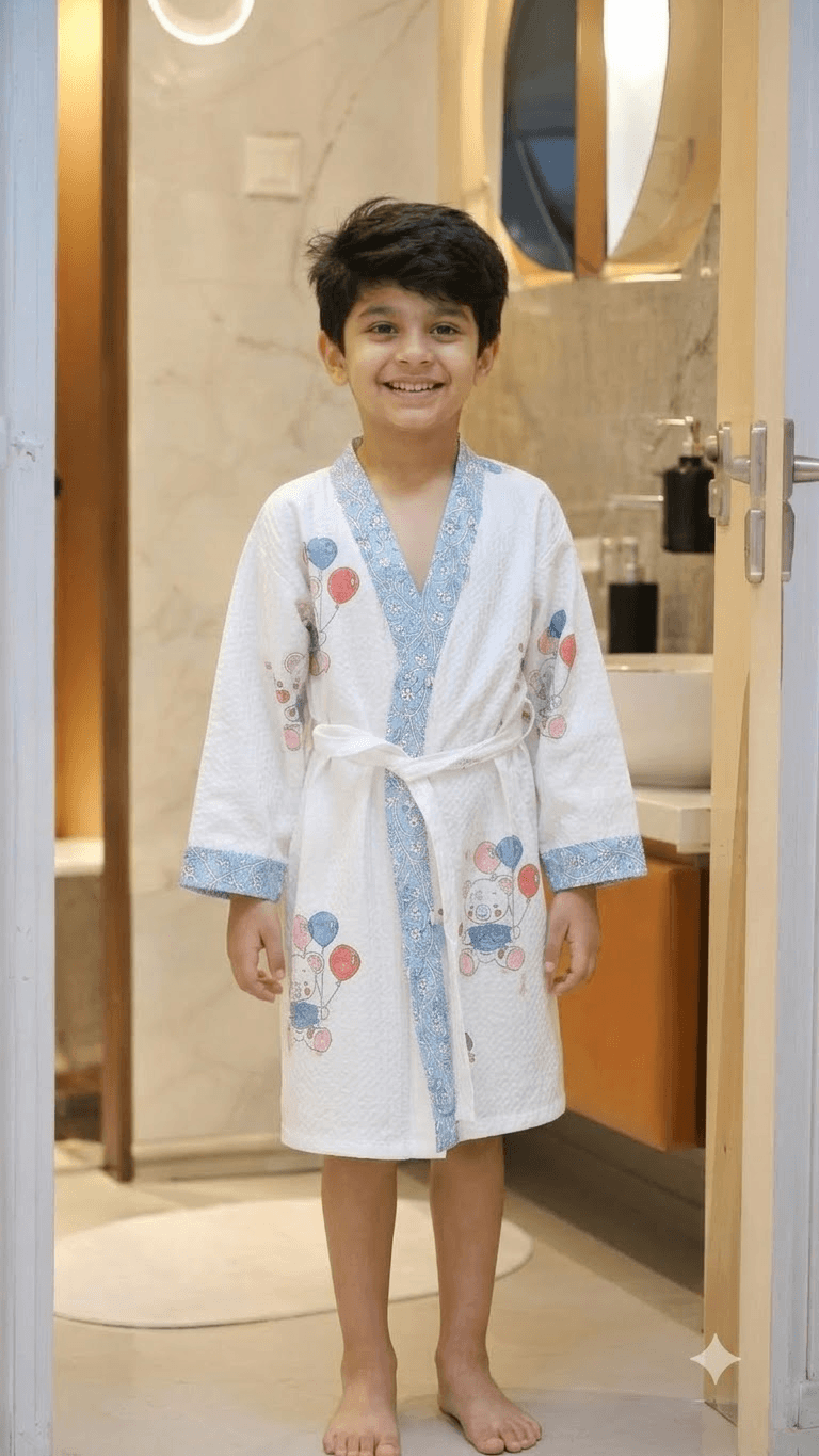 Kids Off-White & Powder Blue Elephant Balloon Printed 100% Cotton Waffle Bathrobe