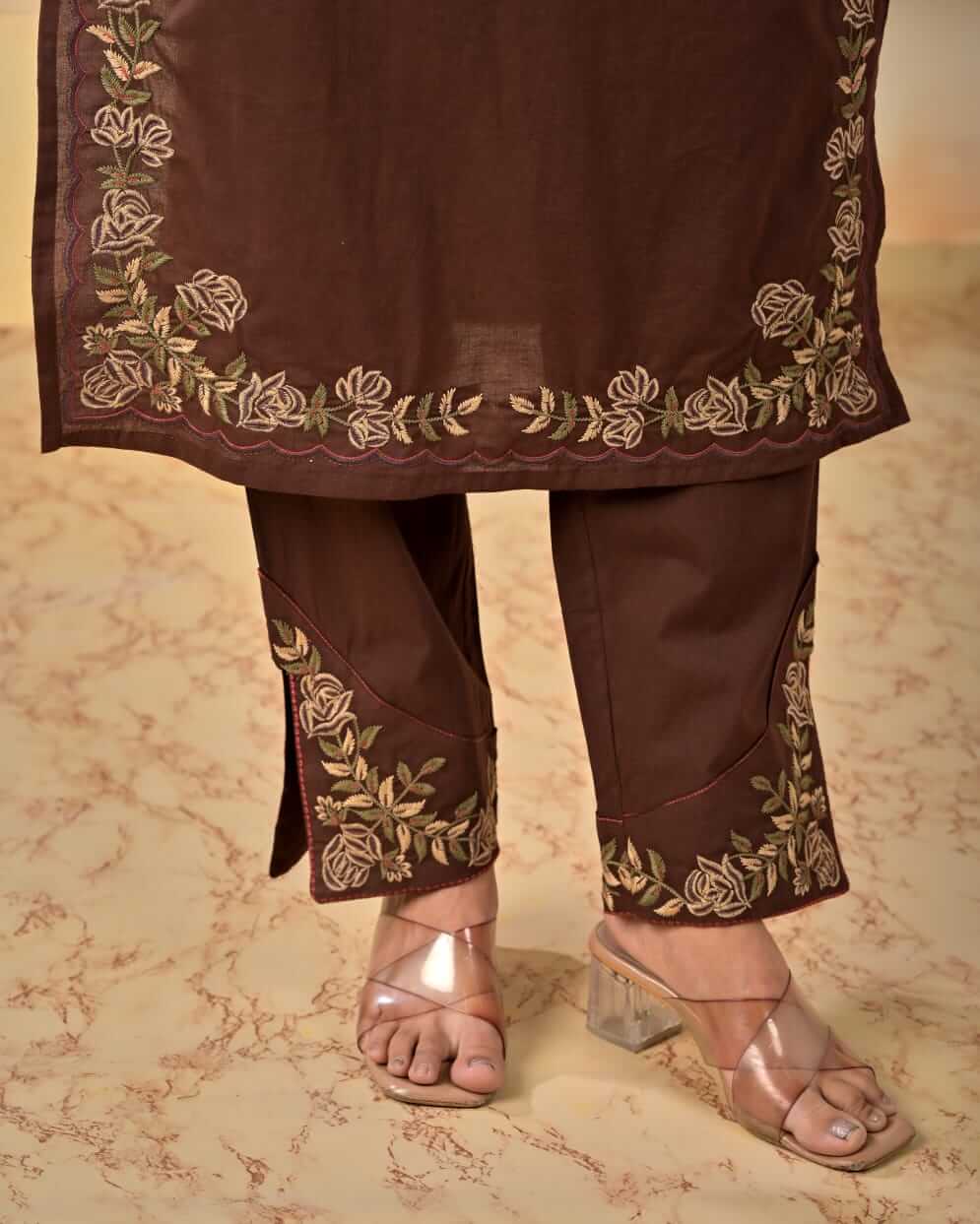 Chocolate Brown Floral Embroidered Straight Kurta Set with Pants & Dupatta
