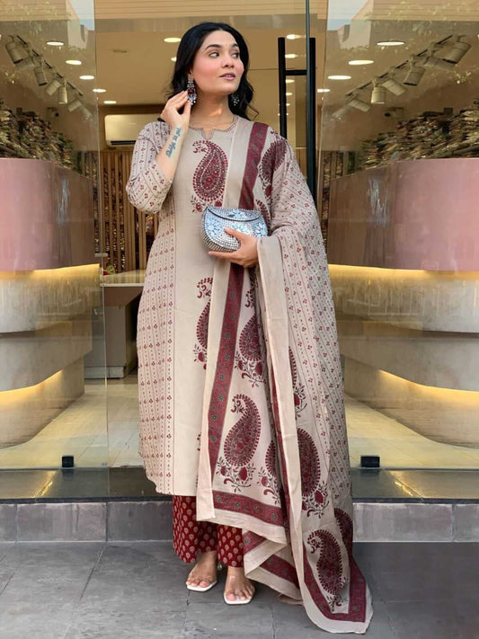 Beige & Maroon Paisley Block Printed Cotton Kurta Set with Palazzo & Dupatta