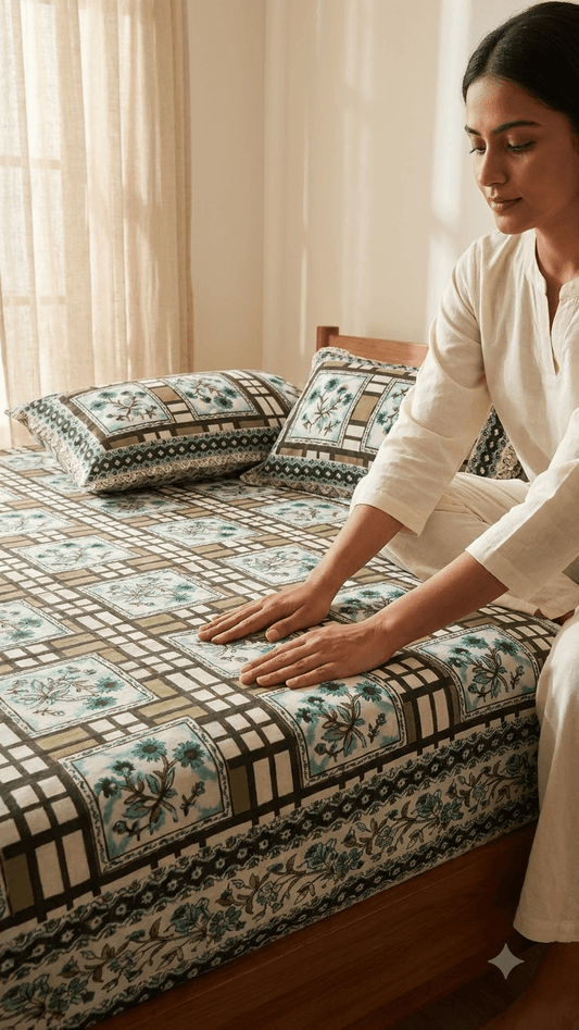 Teal and Beige Geometric Floral Block-Print Style Cotton Double Bedsheet with Lace Pillow Covers