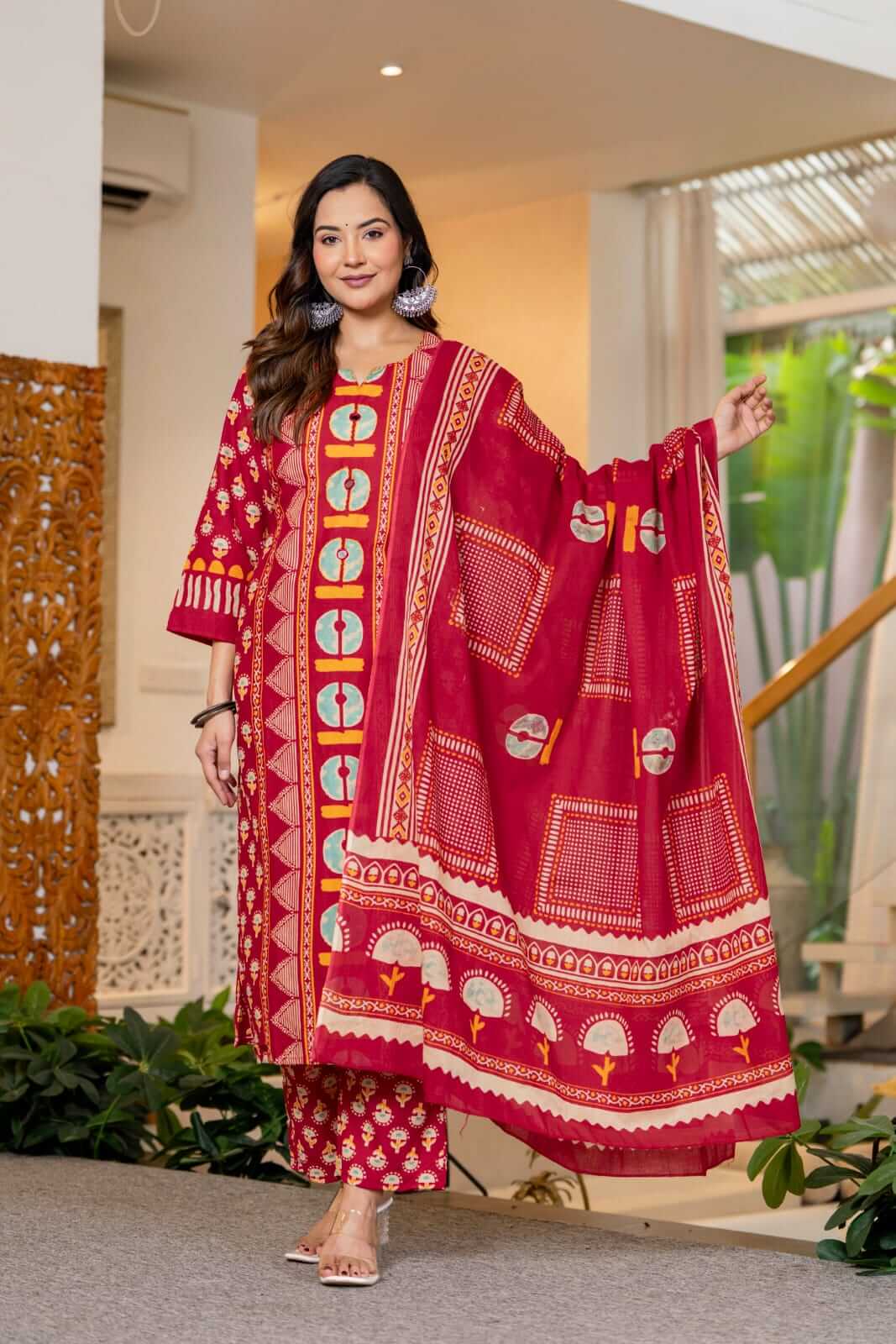 Magenta Bloom: Festive Block-Print Cotton Suit Set with Geometric Yoke & Dupatta