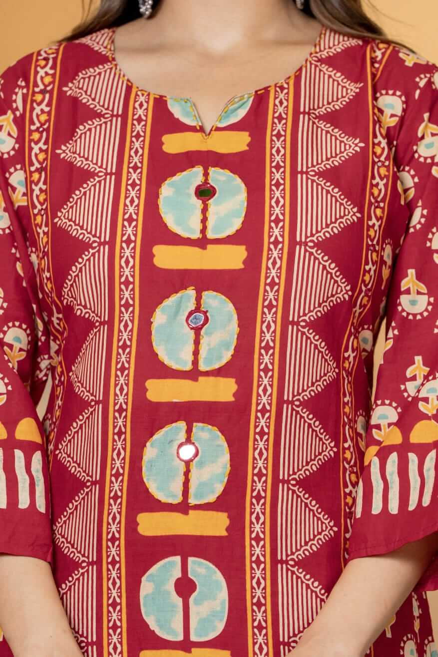 Magenta Bloom: Festive Block-Print Cotton Suit Set with Geometric Yoke & Dupatta