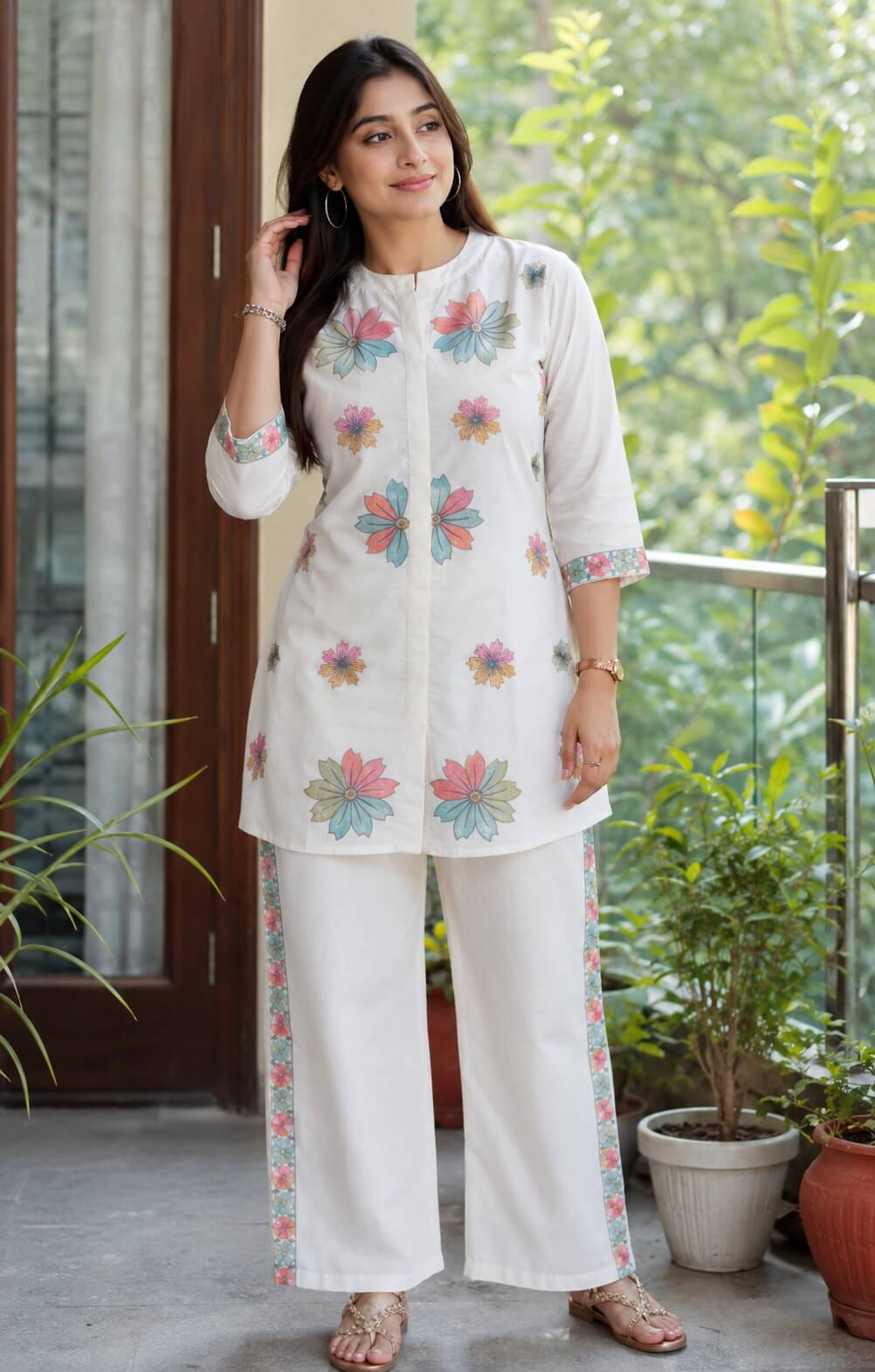 Off-White Cotton Short Kurta Co-Ord Set with Pastel Floral Motifs & Striped Pants